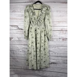 EYWOL Dress Womens SZ Large Green Floral Ruffle V Neck Maxi Long Sleeve Smocked